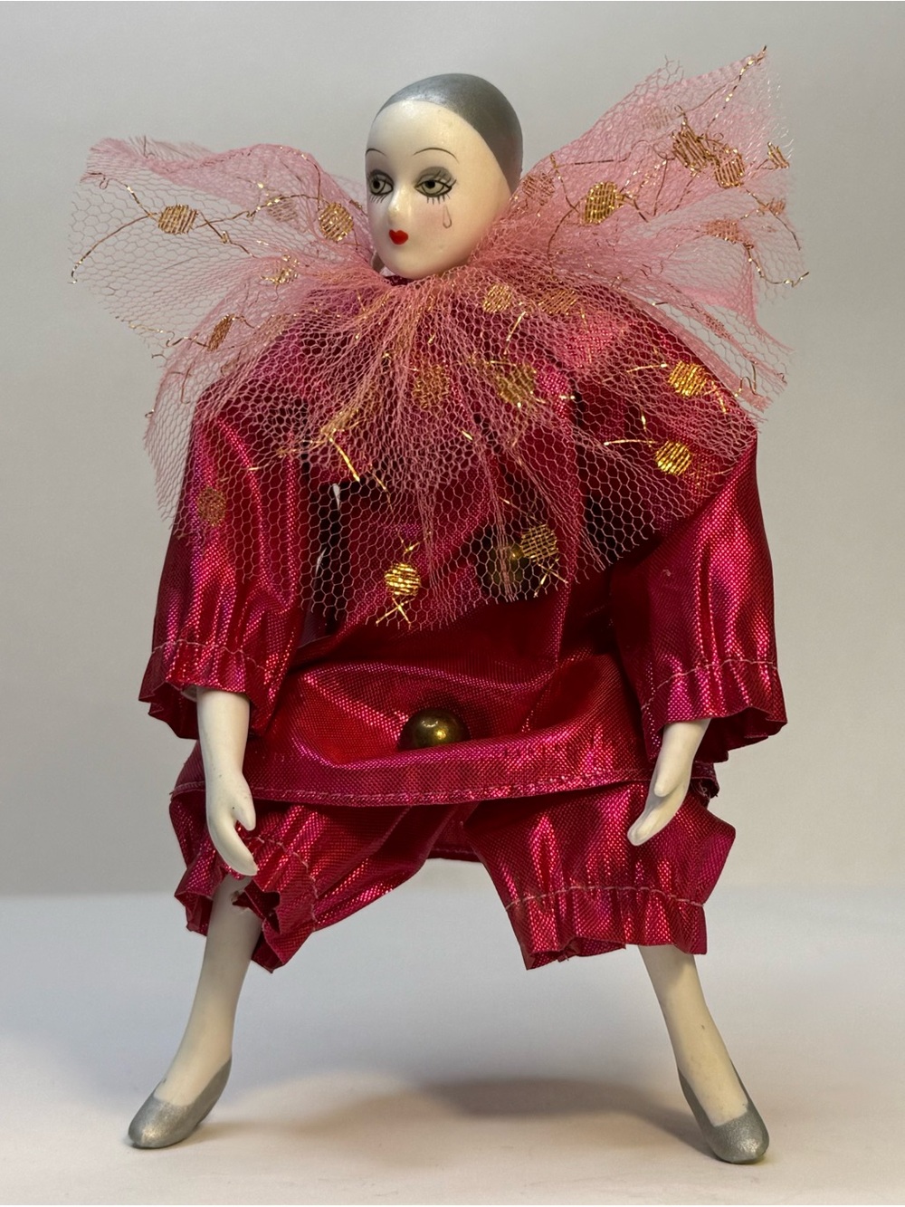 Vintage 1980s Porcelain Poseable Pierrot Doll Harlequin Clown Pink Gold 8”